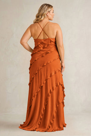 Cinnamon Spaghetti Straps Sheath Stain Ruffled Bridesmaid Dress (2) | KISSBRIDAL[sizeplus]