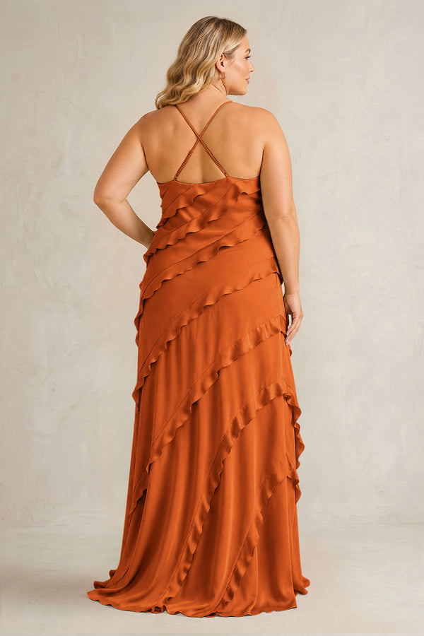 Cinnamon Spaghetti Straps Sheath Stain Ruffled Bridesmaid Dress (2) | KISSBRIDAL[sizeplus]