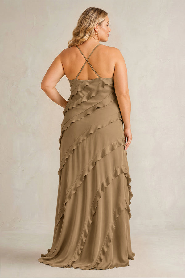 Cinnamon Spaghetti Straps Sheath Stain Ruffled Bridesmaid Dress (2) | KISSBRIDAL[sizeplus]