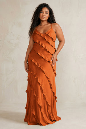 Cinnamon Spaghetti Straps Sheath Stain Ruffled Bridesmaid Dress (3) | KISSBRIDAL[sizeplus]