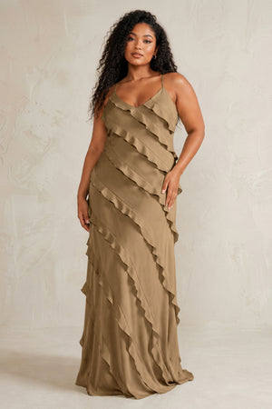 Cinnamon Spaghetti Straps Sheath Stain Ruffled Bridesmaid Dress (3) | KISSBRIDAL[sizeplus]