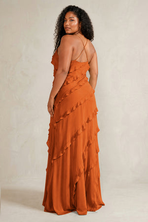 Cinnamon Spaghetti Straps Sheath Stain Ruffled Bridesmaid Dress (4) | KISSBRIDAL[sizeplus]