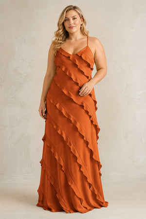 Cinnamon Spaghetti Straps Sheath Stain Ruffled Bridesmaid Dress | KISSBRIDAL[sizeplus]