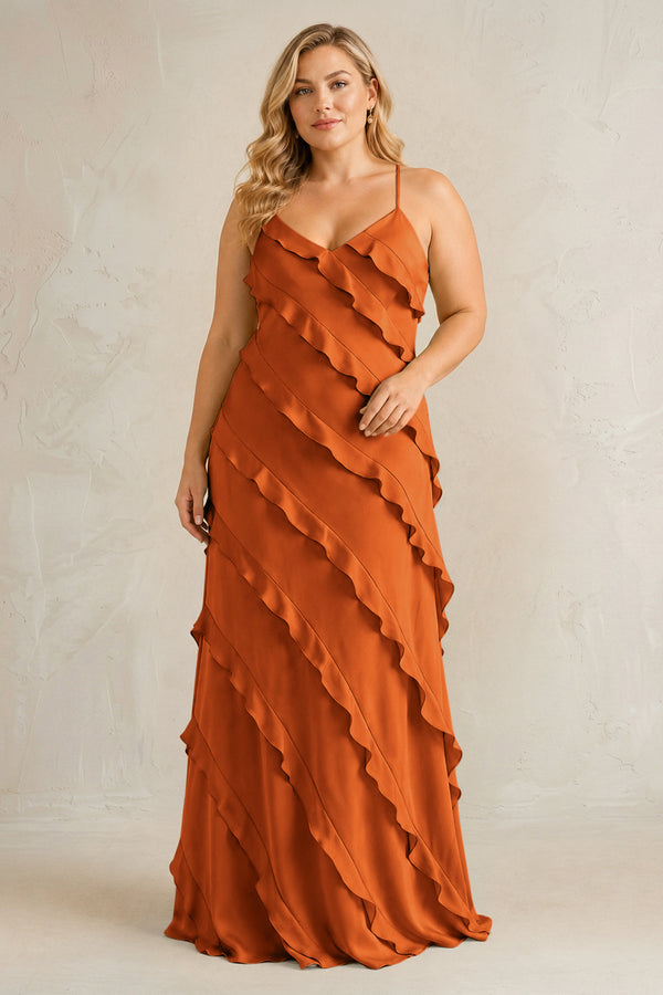 Cinnamon Spaghetti Straps Sheath Stain Ruffled Bridesmaid Dress | KISSBRIDAL[sizeplus]