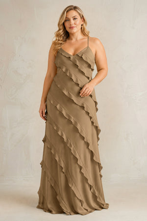 Cinnamon Spaghetti Straps Sheath Stain Ruffled Bridesmaid Dress | KISSBRIDAL[sizeplus]