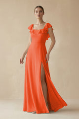 Cinnamon Square Neck A-Line Bridesmaid Dress with Ruffles | KISSBRIDAL