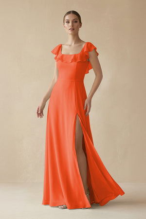 Cinnamon Square Neck A-Line Bridesmaid Dress with Ruffles | KISSBRIDAL