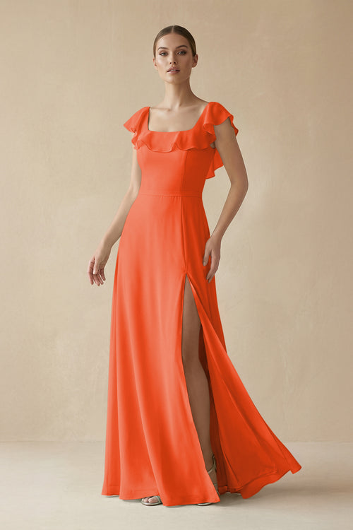 Cinnamon Square Neck A-Line Bridesmaid Dress with Ruffles | KISSBRIDAL