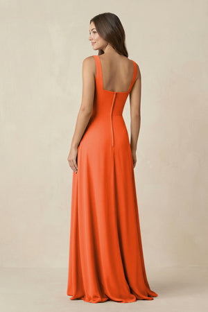 Cinnamon Square Neck A-Line Bridesmaid Dress With Slit (2) | KISSBRIDAL