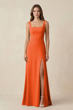 Cinnamon Square Neck A-Line Bridesmaid Dress With Slit | KISSBRIDAL