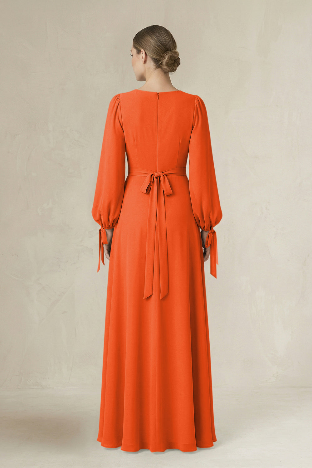 Square Neck Long Sleeve A-Line Chiffon Bridesmaid Dress in Cinnamon