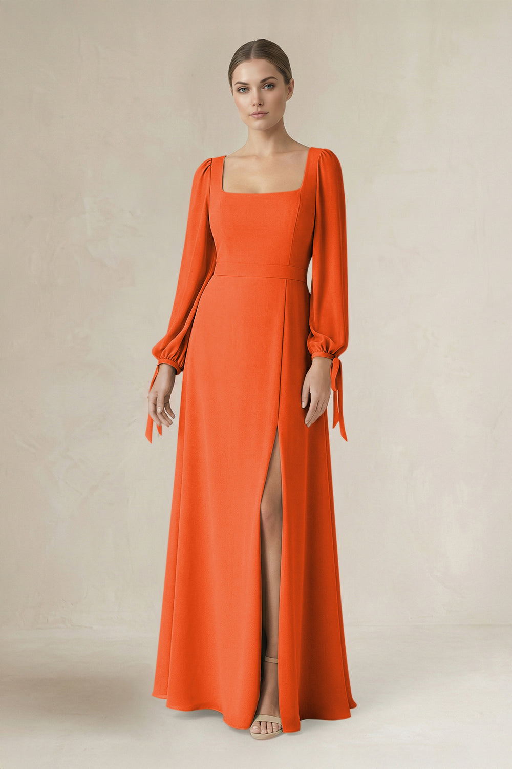 Square Neck Long Sleeve A-Line Chiffon Bridesmaid Dress in Cinnamon