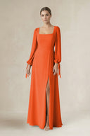 Cinnamon Square Neck Long Sleeve A-Line Chiffon Bridesmaid Dress in Cinnamon | KISSBRIDAL
