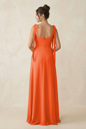 Cinnamon Square Neck Sheath Chiffon Bridesmaid Dress with Bow (2) | KISSBRIDAL