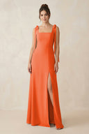 Cinnamon Square Neck Sheath Chiffon Bridesmaid Dress with Bow | KISSBRIDAL