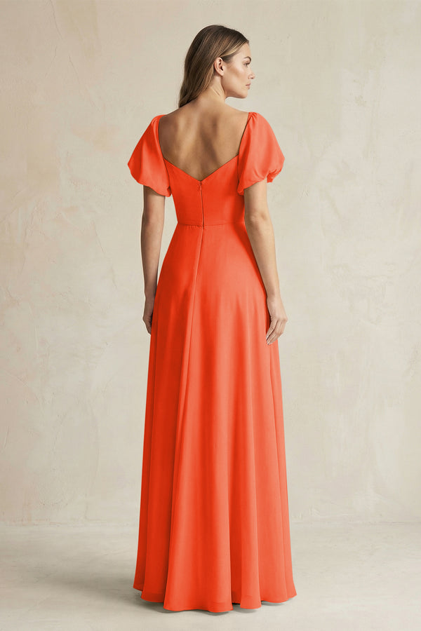 Cinnamon Sweetheart Puff Sleeve A-Line Chiffon Bridesmaid Dress (2) | KISSBRIDAL