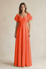 Cinnamon Sweetheart Puff Sleeve A-Line Chiffon Bridesmaid Dress | KISSBRIDAL