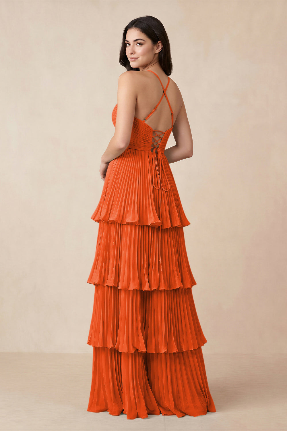 Tiered Pleated V-Neck A-Line Chiffon Bridesmaid Dress in Cinnamon