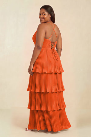 Cinnamon Tiered Pleated V-Neck A-Line Chiffon Bridesmaid Dress (2) [sizeplus] | KISSBRIDAL