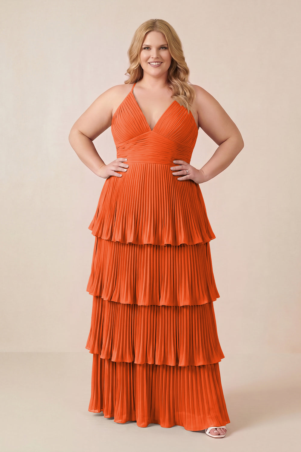 Tiered Pleated V-Neck A-Line Chiffon Bridesmaid Dress in Cinnamon