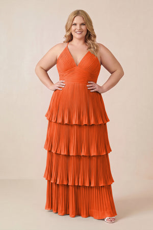 Cinnamon Tiered Pleated V-Neck A-Line Chiffon Bridesmaid Dress (3) [sizeplus] | KISSBRIDAL