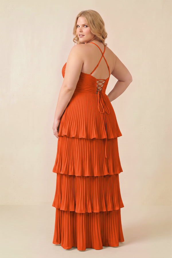 Cinnamon Tiered Pleated V-Neck A-Line Chiffon Bridesmaid Dress (4) [sizeplus] | KISSBRIDAL