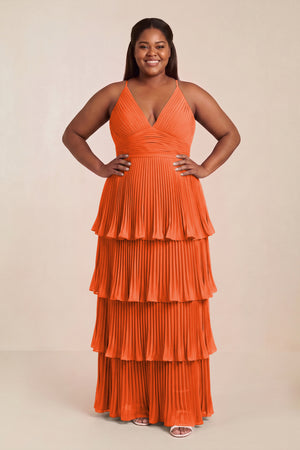Cinnamon Tiered Pleated V-Neck A-Line Chiffon Bridesmaid Dress [sizeplus] | KISSBRIDAL