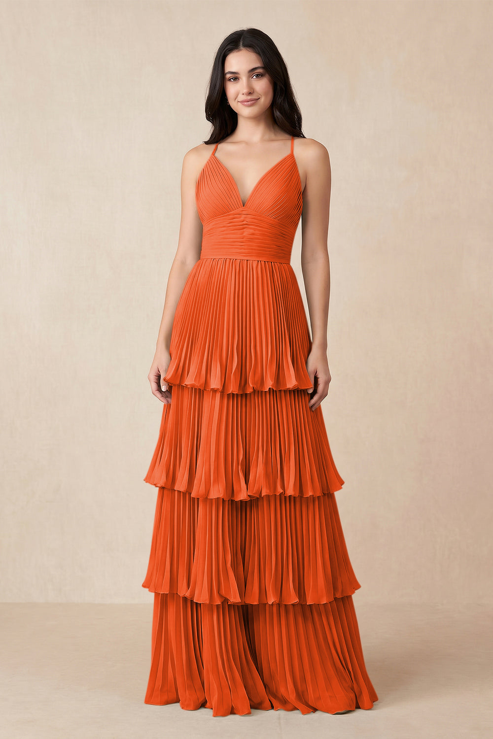 Tiered Pleated V-Neck A-Line Chiffon Bridesmaid Dress in Cinnamon