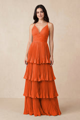 Cinnamon Tiered Pleated V-Neck A-Line Chiffon Bridesmaid Dress | KISSBRIDAL