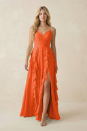 Cinnamon Tiered Ruffle A-Line Chiffon Bridesmaid Dress | KISSBRIDAL