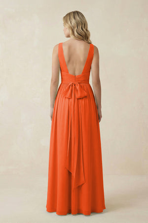 Cinnamon V-Neck A-Line Bridesmaid Dress with Back Bow (2) | KISSBRIDAL