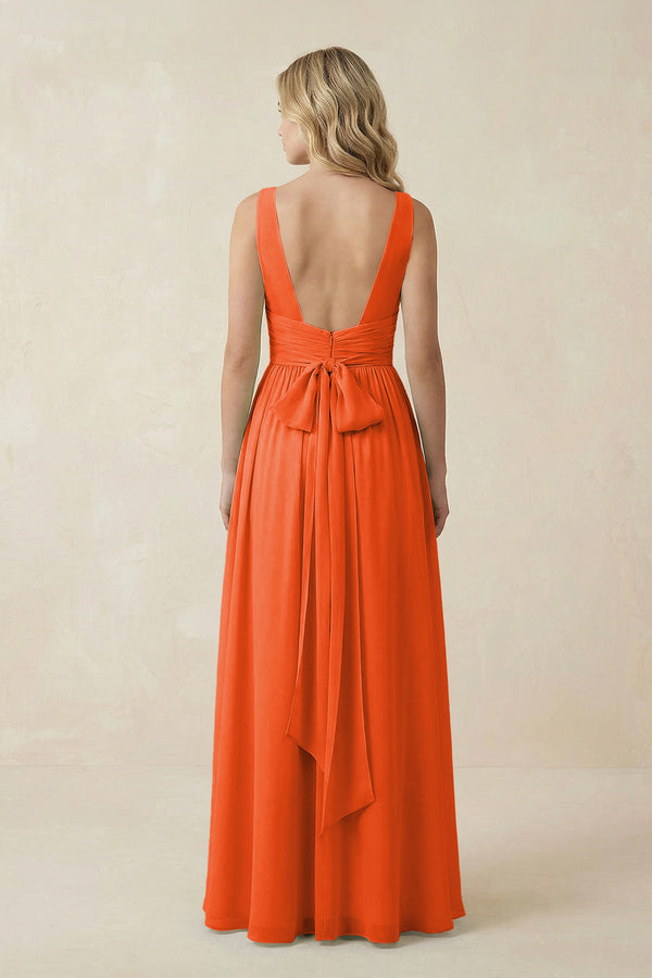 Cinnamon V-Neck A-Line Bridesmaid Dress with Back Bow (2) | KISSBRIDAL