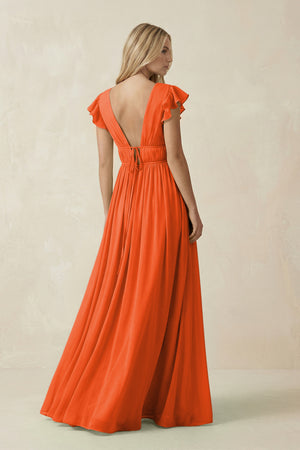 Cinnamon V-Neck A-Line Chiffon Cap Sleeves Bridesmaid Dress (2) | KISSBRIDAL