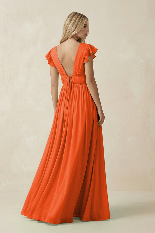 Cinnamon V-Neck A-Line Chiffon Cap Sleeves Bridesmaid Dress (2) | KISSBRIDAL