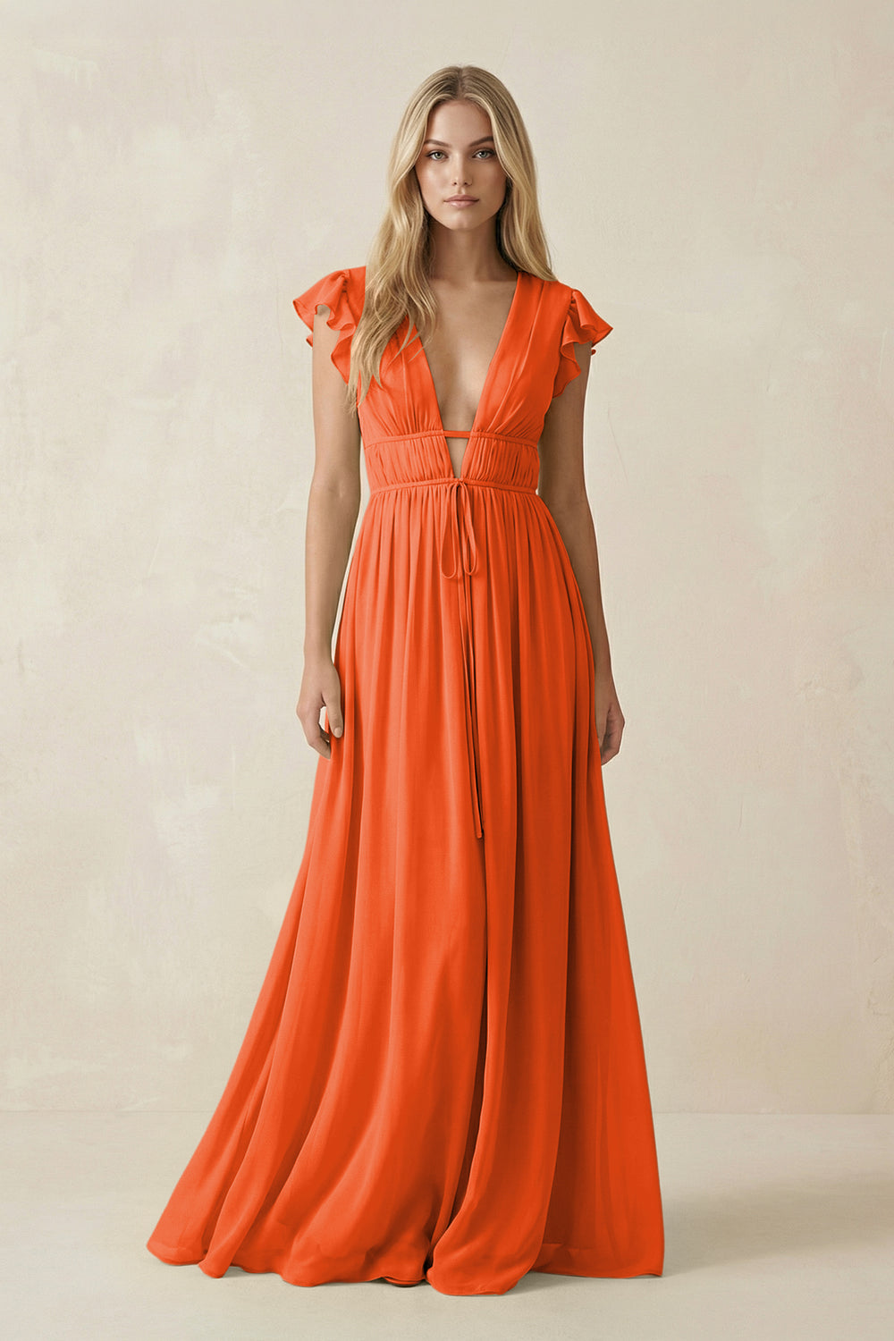 V-Neck A-Line Chiffon Cap Sleeves Bridesmaid Dress in Cinnamon