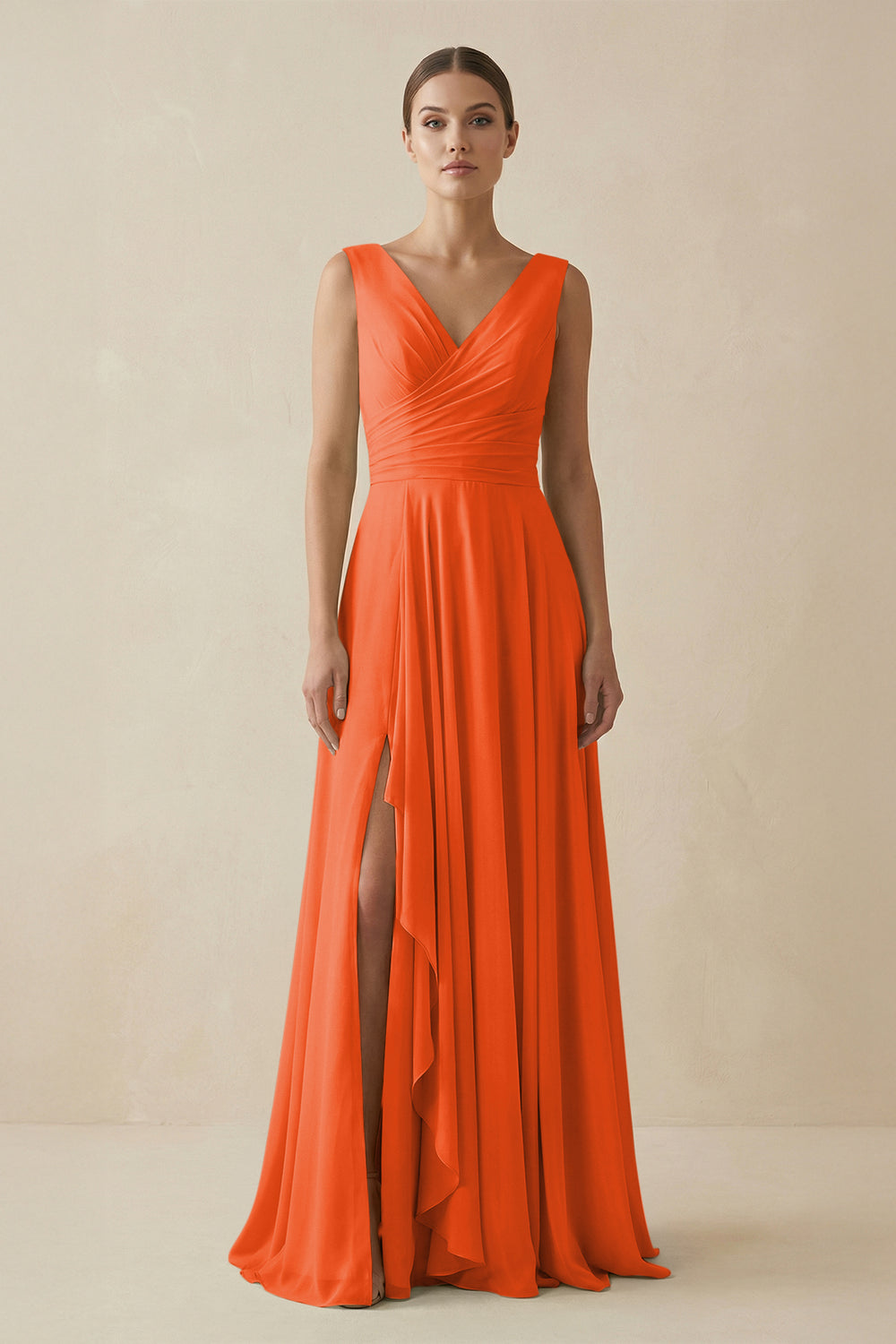 V-Neck A-Line Chiffon Ruffled Bridesmaid Dress in Cinnamon