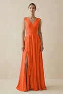 Cinnamon V-Neck A-Line Chiffon Ruffled Bridesmaid Dress | KISSBRIDAL
