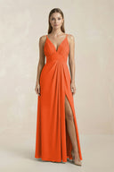 Cinnamon V-Neck A-Line Pleated Chiffon Bridesmaid Dress | KISSBRIDAL