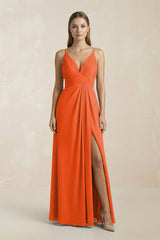 Cinnamon V-Neck A-Line Pleated Chiffon Bridesmaid Dress | KISSBRIDAL
