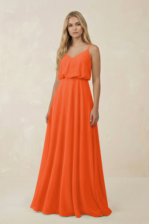 Cinnamon V-Neck Blouson A-Line Chiffon Bridesmaid Dress | KISSBRIDAL