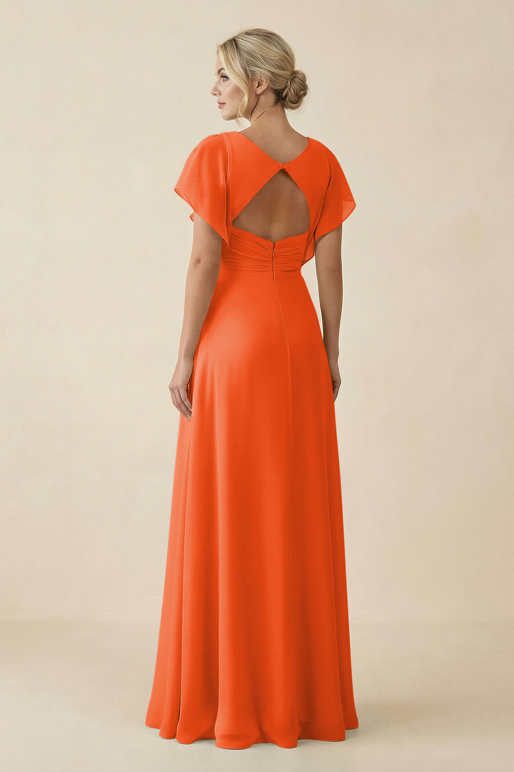 V-Neck Cap Sleeve Chiffon Bridesmaid Dress with Cut-out Back in Cinnamon