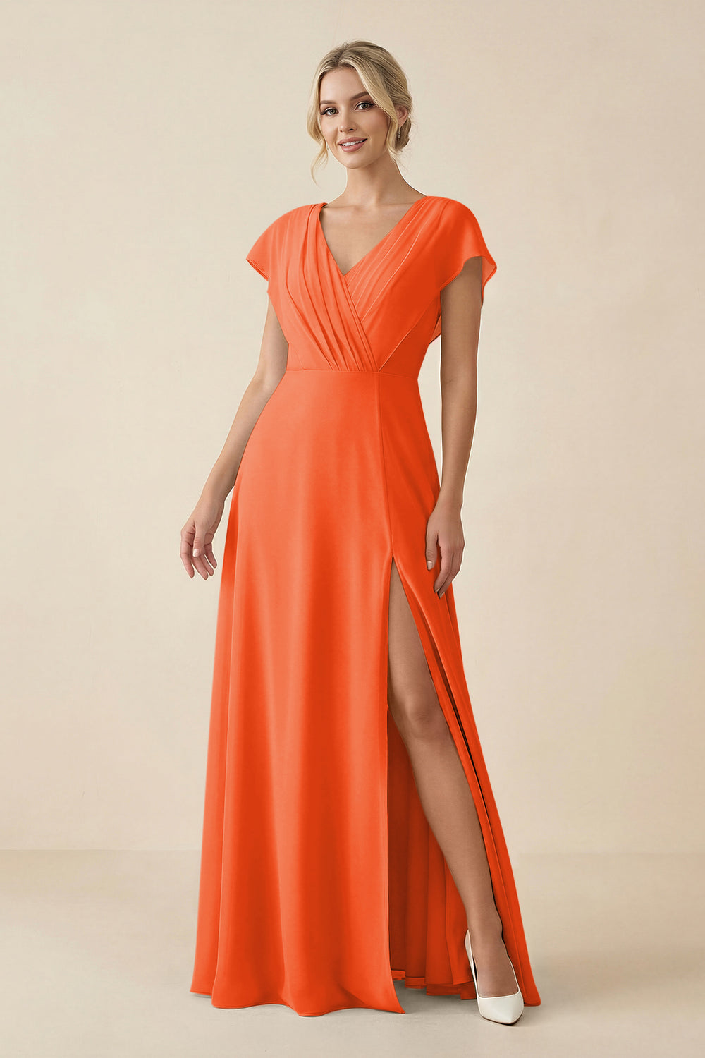 V-Neck Cap Sleeve Chiffon Bridesmaid Dress with Cut-out Back in Cinnamon