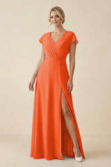 Cinnamon V-Neck Cap Sleeve Chiffon Bridesmaid Dress with Cut-out Back | KISSBRIDAL