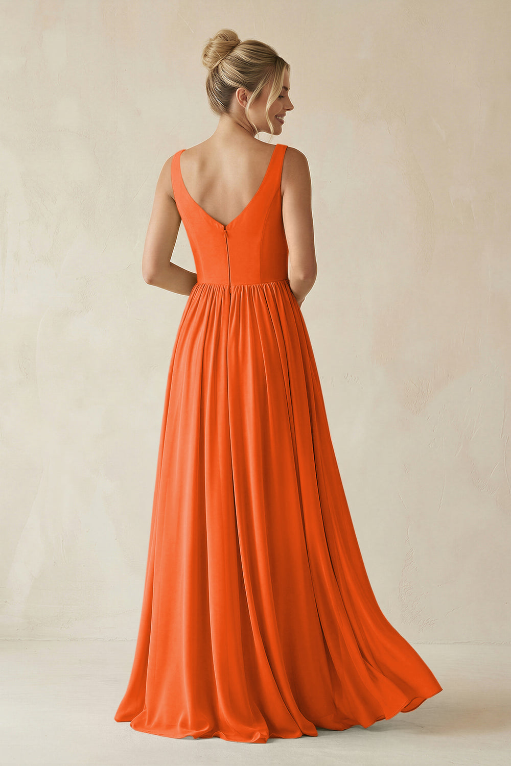 V-Neck Chiffon A-Line Long Bridesmaid Dress in Cinnamon