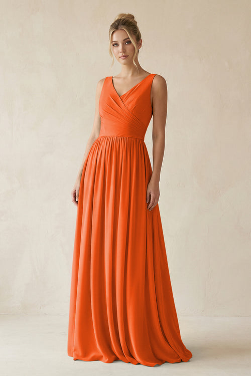 Cinnamon V-Neck Chiffon A-Line Long Bridesmaid Dress | KISSBRIDAL