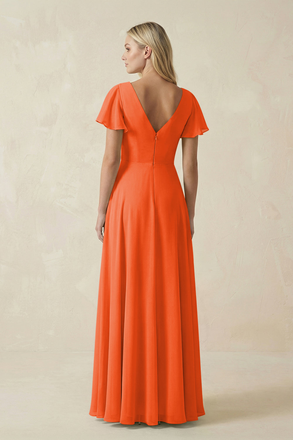 V-Neck Flutter Sleeve A-Line Chiffon Bridesmaid Dress in Cinnamon