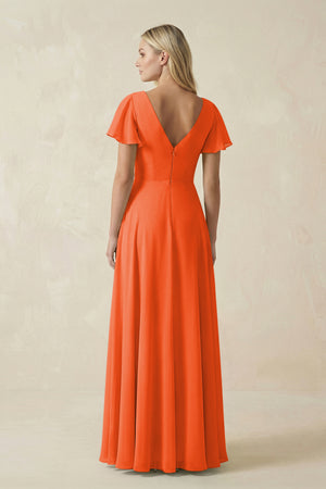 Cinnamon V-Neck Flutter Sleeve A-Line Chiffon Bridesmaid Dress (2) | KISSBRIDAL