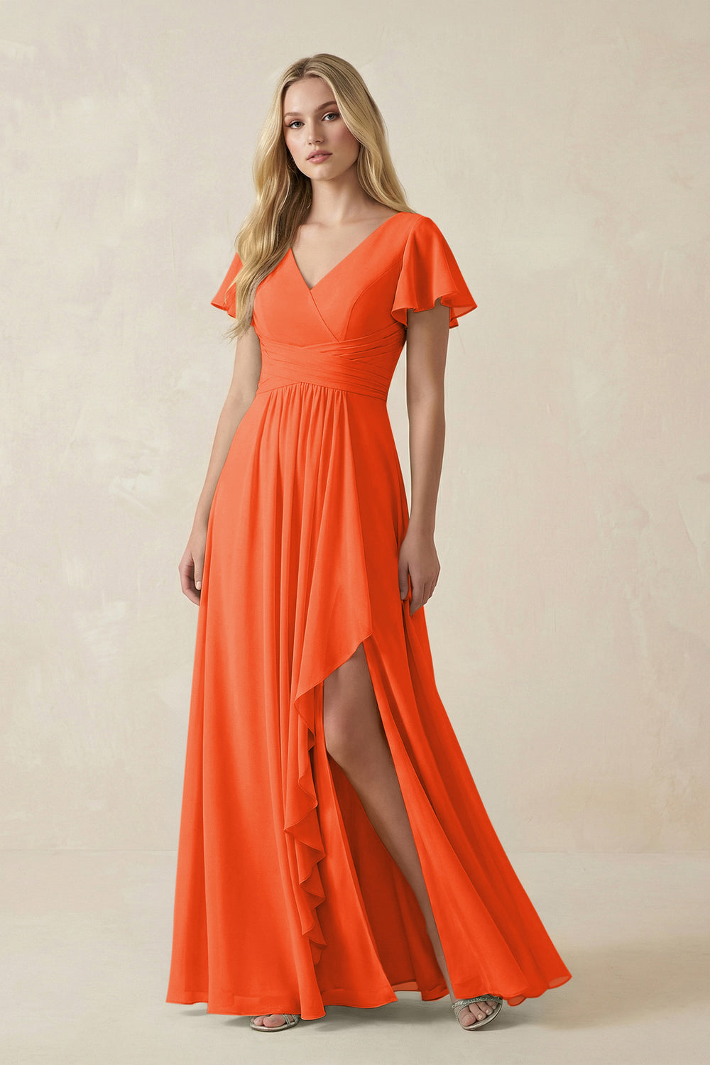 V-Neck Flutter Sleeve A-Line Chiffon Bridesmaid Dress in Cinnamon