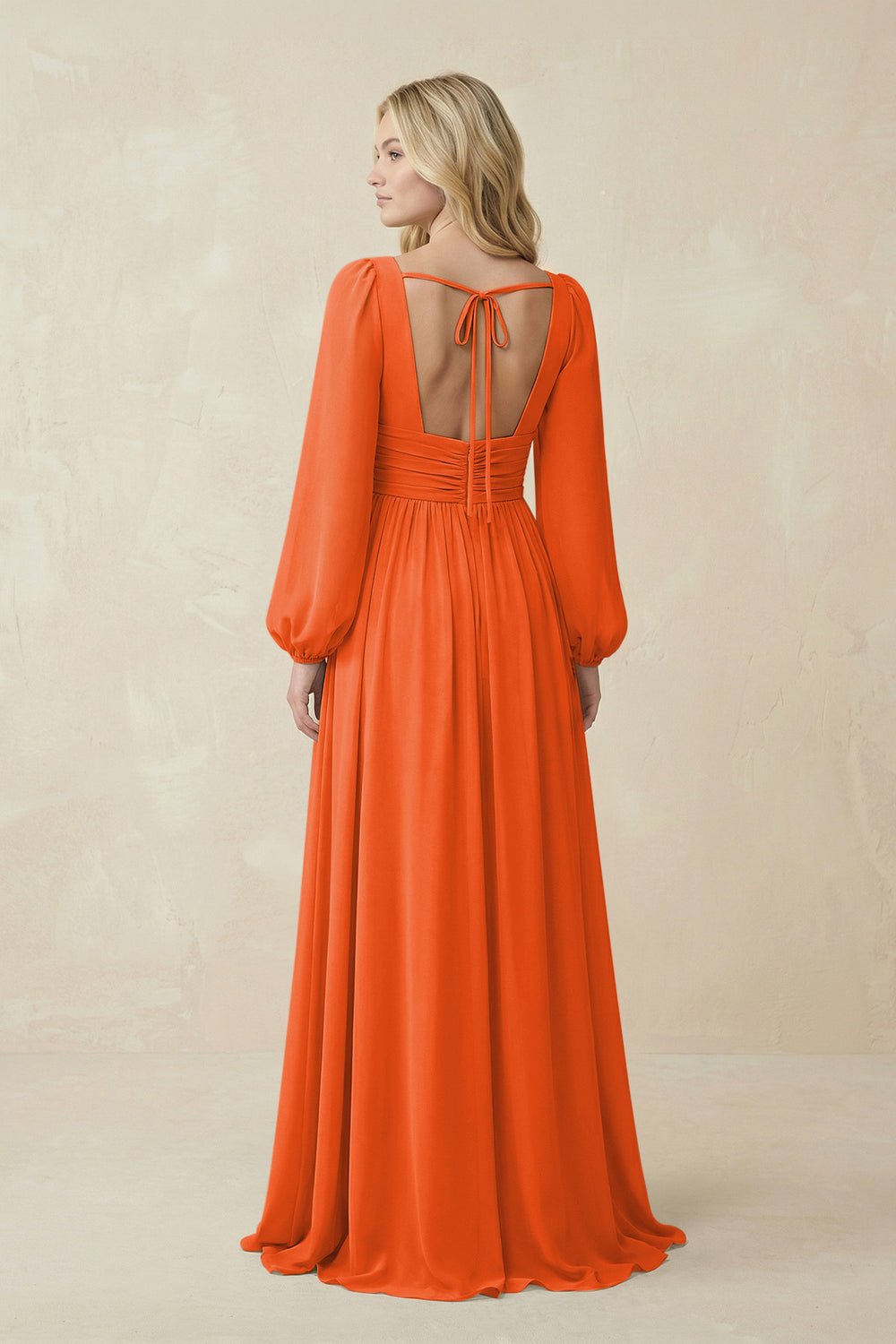 V-Neck Long Sleeve A-Line Chiffon Bridesmaid Dress in Cinnamon