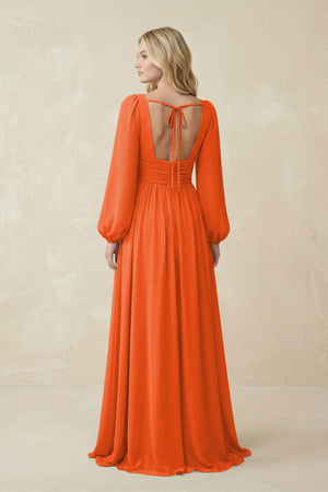 Cinnamon V-Neck Long Sleeve A-Line Chiffon Bridesmaid Dress (2) | KISSBRIDAL